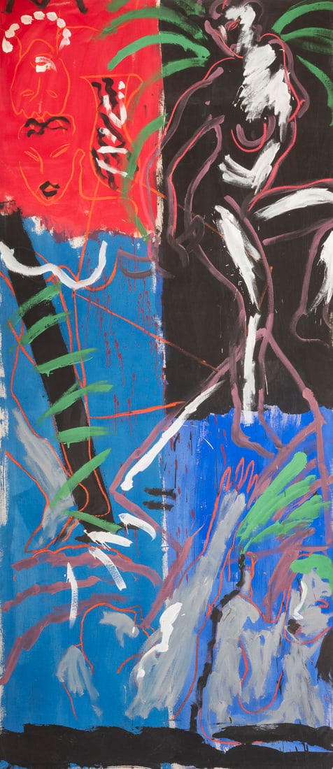 BRUCE MCLEAN - 'UNTITLED WITH JUG' (1982): BRUCE MCLEAN 1944 Glasgow - lebt und arbeitet in London 'UNTITLED WITH JUG' (1982) Mischtechnik auf Leinwand. 335 x 150 cm. Verso: Rueckseitig bez. Das Gemaelde war seit Ende der 1980er bis Anfang 200