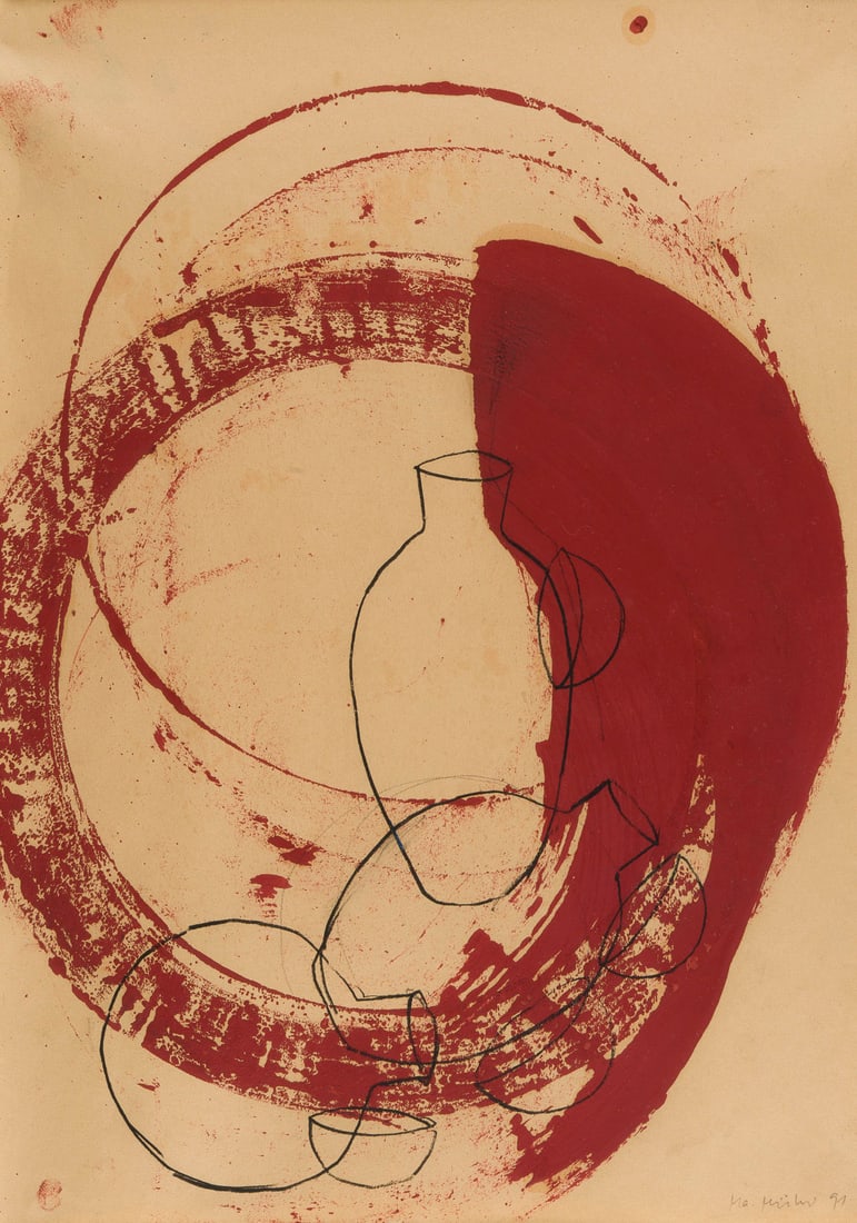 MANFRED MUELLER - OHNE TITEL (1991): MANFRED MUELLER 1950 Duesseldorf - lebt und arbeitet in Duesseldorf/Los Angeles, USA OHNE TITEL (1991) Mischtechnik, Dispersionsfarbe und Bleistift auf Papier. R 73 x 53 cm, 40 x 28,7 cm. Unten rechts