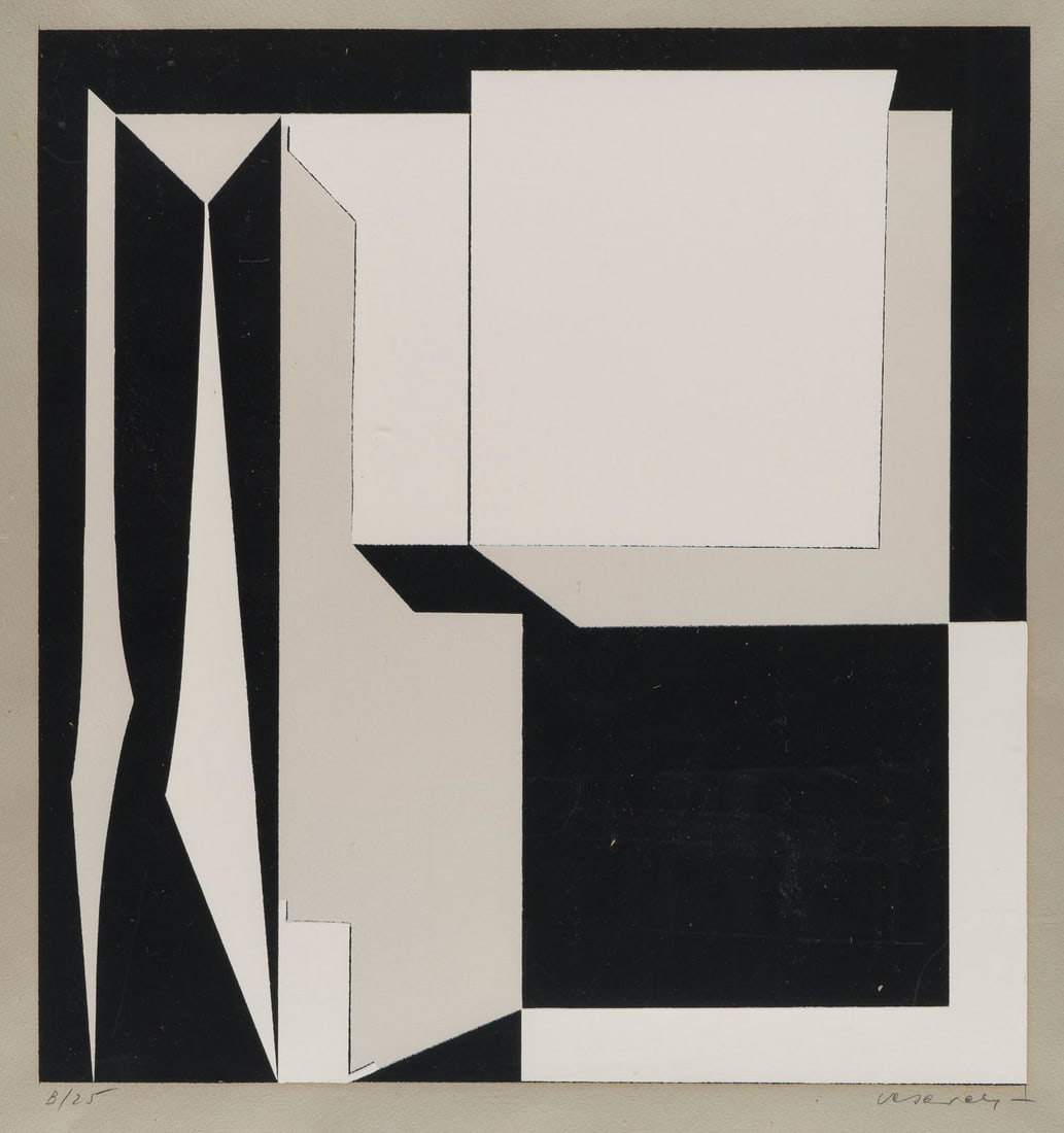 VICTOR VASARELY - 'AKKA' (1955): VICTOR VASARELY 1906 Pecs, Ungarn - 1997 Paris 'AKKA' (1955) Farbserigrafie auf grauem Papier. R 71,5 x 51 cm. DM 36,2 x 34,2 cm, BM 65 x 50 cm. Unten rechts mit Bleistift signiert sowie unten links b