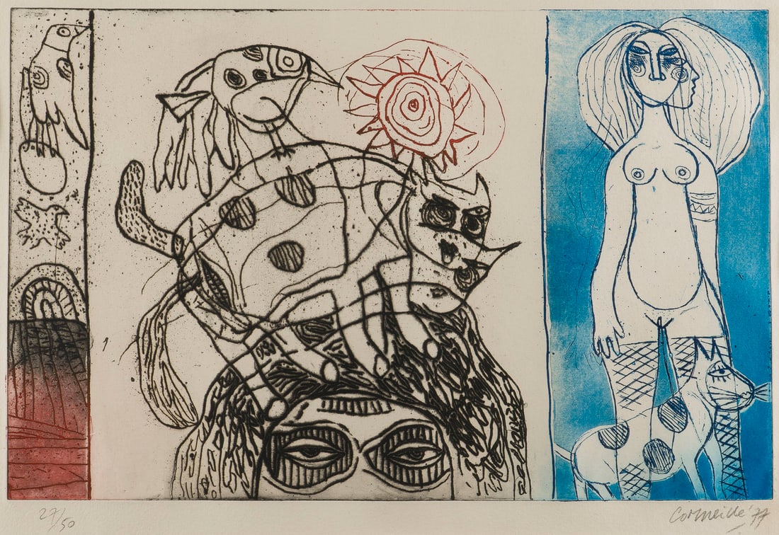 CORNEILLE - FRAU MIT KATZEN UND VOEGELN (1977): CORNEILLE 1922 Luettich - 2010 Auvers-sur-Oise FRAU MIT KATZEN UND VOEGELN (1977) Farbradierung und Aquatinta auf Buetten. R 49,8 x 63 cm. SM 35,1 x 50,7 cm. DM 31,5 x 49 cm. Unten rechts mit Bleistif