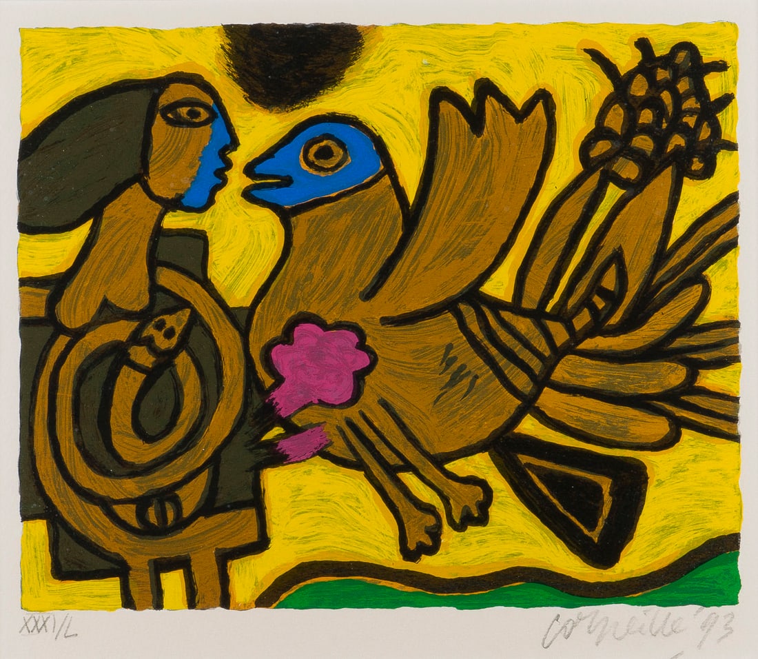 CORNEILLE - FRAU MIT SCHLANGE UND VOGEL (1993): CORNEILLE 1922 Luettich - 2010 Auvers-sur-Oise FRAU MIT SCHLANGE UND VOGEL (1993) Farblithografie auf Velin. R 55 x 57,5 cm. SM 25 x 29 cm. DM 21,7 x 27 cm. Unten rechts mit Bleistift sign. u. dat. 'C