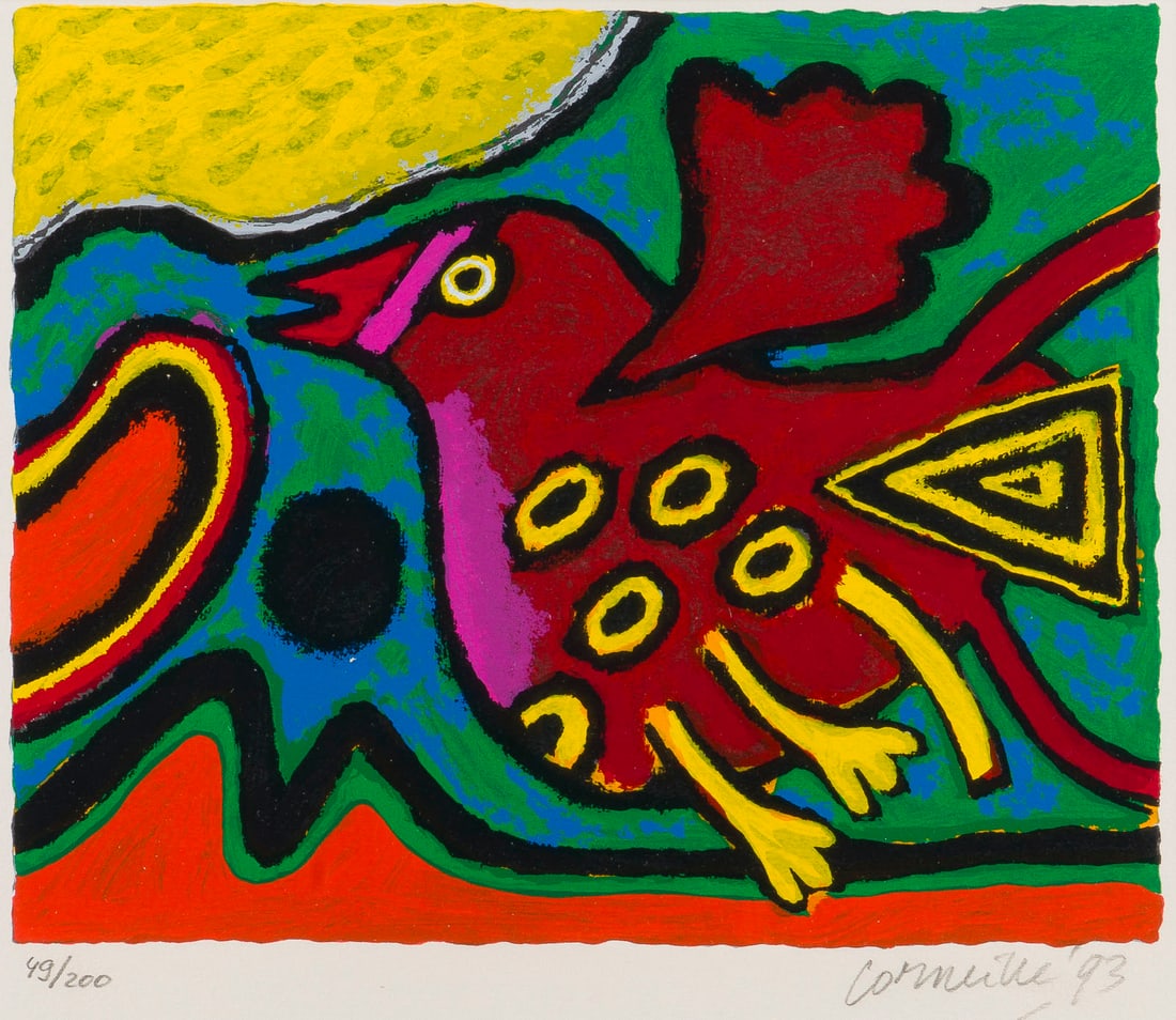 CORNEILLE - ROTER VOGEL (1993): CORNEILLE 1922 Luettich - 2010 Auvers-sur-Oise ROTER VOGEL (1993) Farblithografie auf Velin. R 50 x 51 cm. SM 25,8 x 28,8 cm. DM 22 x 27 cm. Unten rechts mit Bleistift sign. u. dat. 'Corneille '93' so