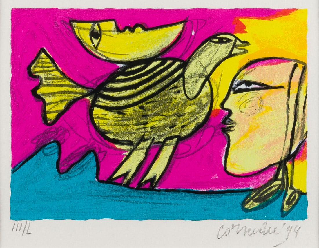 CORNEILLE - FRAU UND VOGEL (1994): CORNEILLE 1922 Luettich - 2010 Auvers-sur-Oise FRAU UND VOGEL (1994) Farblithografie auf Velin. R 32,5 x 42,4 cm. SM 18,2 x 22,3 cm. DM 14,5 x 20,4 cm. Unten rechts mit Bleistift sign. u. dat. 'Cornei