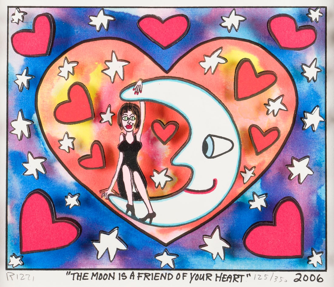 JAMES RIZZI - 'THE MOON IS A FRIEND OF YOUR HEART' (2006): JAMES RIZZI 1950 New York - 2011 ebenda 'THE MOON IS A FRIEND OF YOUR HEART' (2006) 3-D Farbserigrafie auf Velin. R 41,5 x 51,3 cm. SM 21 x 25 cm. DM 17,3 x 21 cm. Unten links mit Bleistift sign. 'Riz