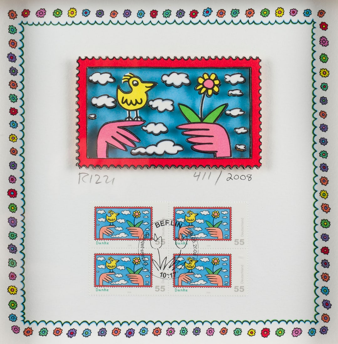 JAMES RIZZI - 'DANKE-VOGEL' BRIEFMARKENSONDEREDITION (2008): JAMES RIZZI 1950 New York - 2011 ebenda 'DANKE-VOGEL' BRIEFMARKENSONDEREDITION (2008) 3-D-Grafik, darunter 4 Briefmarken mit Ersttagsstempel. R 31,3 x 31,3 cm. SM 20 x 20 cm. Unten links mit Bleistift