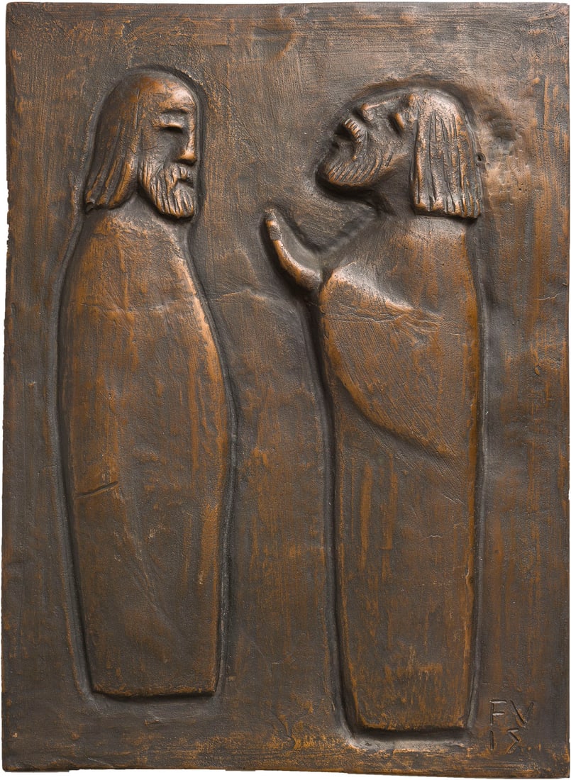FRIEDRICH 'FRITZ' FRANZ VIEGENER - DAS GESPRAECH (1955/1972): FRIEDRICH 'FRITZ' FRANZ VIEGENER 1888 Soest - 1976 Moehnesee-Delecke DAS GESPRAECH (1955/1972) Bronzerelief, dunkelbraun patiniert. 35,5 x 26 x 1 cm, 3,65 kg. Unten rechts monogram. 'FVIS', rueckseiti