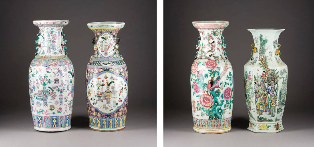 EIN VIERTEILIGES KONVOLUT VON FAMILLE-ROSE-VASEN