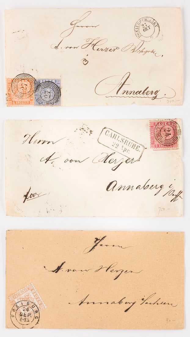 ALTDEUTSCHLAND BADEN: ALTDEUTSCHLAND BADEN Baden Drei Inlandsbriefe nach Annaberg: 9 Kreuzer nebst Stempel 'FREIBURG 26 SEP. 6-8A; 3 Kreuzer und 6 Kreuzer mit Fünfringstempel und Ortsnummer 27 nebst Stempel 'DONAUESCHINGE