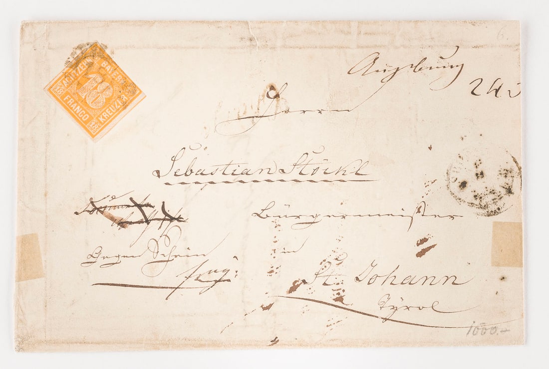 ALTDEUTSCHLAND BAYERN: ALTDEUTSCHLAND BAYERN Bayern 18 Kreuzer auf Brief nach Sankt Johann in Tirol. Geschlossener Mühlradstempel mit Nummer '18' nebst verso Stempel 'FÜSSEN 29 / 1'. Provenienz: Privatsammlung eines säch