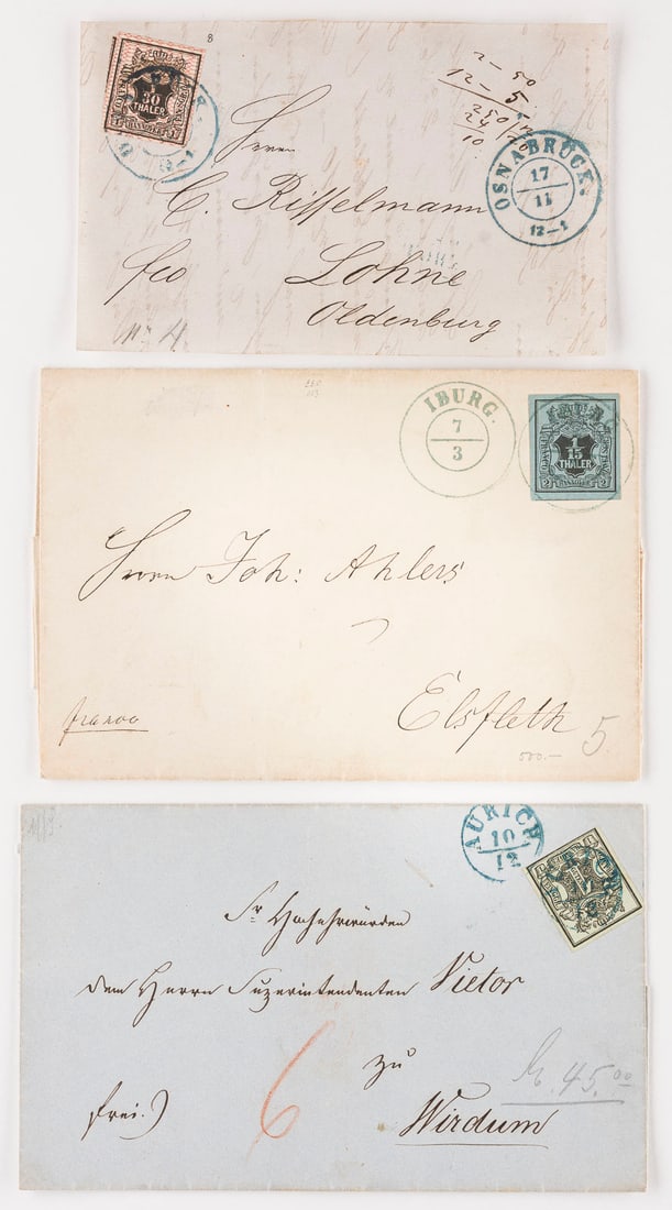 ALTDEUTSCHLAND HANNOVER: ALTDEUTSCHLAND HANNOVER Hannover Konvolut drei Inlandsbriefe: Ein Groschen nach Wirdum nebst Rundstempel (zweimal) 'AURICH 10/12'; ein fünfzehntel Thaler nach Elsfleth nebst Rundstempel (zweimal) 'IB