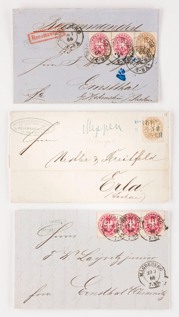 ALTDEUTSCHLAND PREUßEN: ALTDEUTSCHLAND PREUßEN Preußen Konvolut fünf Inlandsbriefe: Ein Silbergroschen nach Zittau nebst Stempel (ungedeutet). Dreimal vier Pfennige nach Weißenfels nebst viermal dreizeiligem Rechteckstem