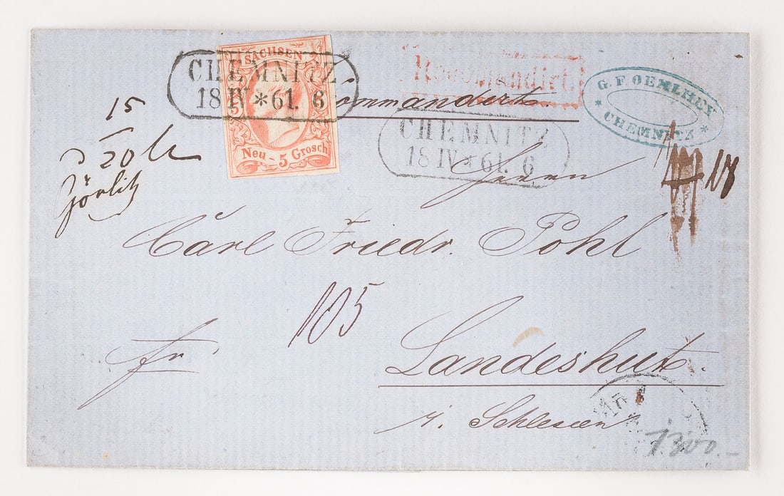 ALTDEUTSCHLAND SACHSEN: ALTDEUTSCHLAND SACHSEN Sachsen Inlandsbrief nach Landeshut mit fünf Neu-Groschen nebst Stempel (zweimal) 'CHEMNITZ 18IV * 61.6 zudem Stempel in Rot 'Recommandirt', verso Rundstempel 'AUSG. 20 4 No1'.