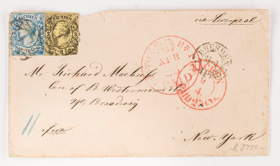 ALTDEUTSCHLAND SACHSEN: ALTDEUTSCHLAND SACHSEN Sachsen Ein Auslandsbrief nach New York via Liverpool: Zehn und drei Neu-Groschen nebst Zweikreistempel 'DRESDEN 3 1/2-4, nebst rotem Kreisstempel 'BOSTON 30 APR 55 PAID BR PK s