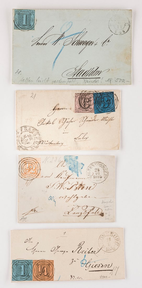 ALTDEUTSCHLAND THURN UND TAXIS: ALTDEUTSCHLAND THURN UND TAXIS Thurn und Taxis Konvolut vier Inlandsbriefe: 1/2 Silbergroschen nach Lengsfeld nebst Vierringstempel und Nummer '236' sowie Kreisstempel 'KALTENNORDHELM 24 10 1864' vers