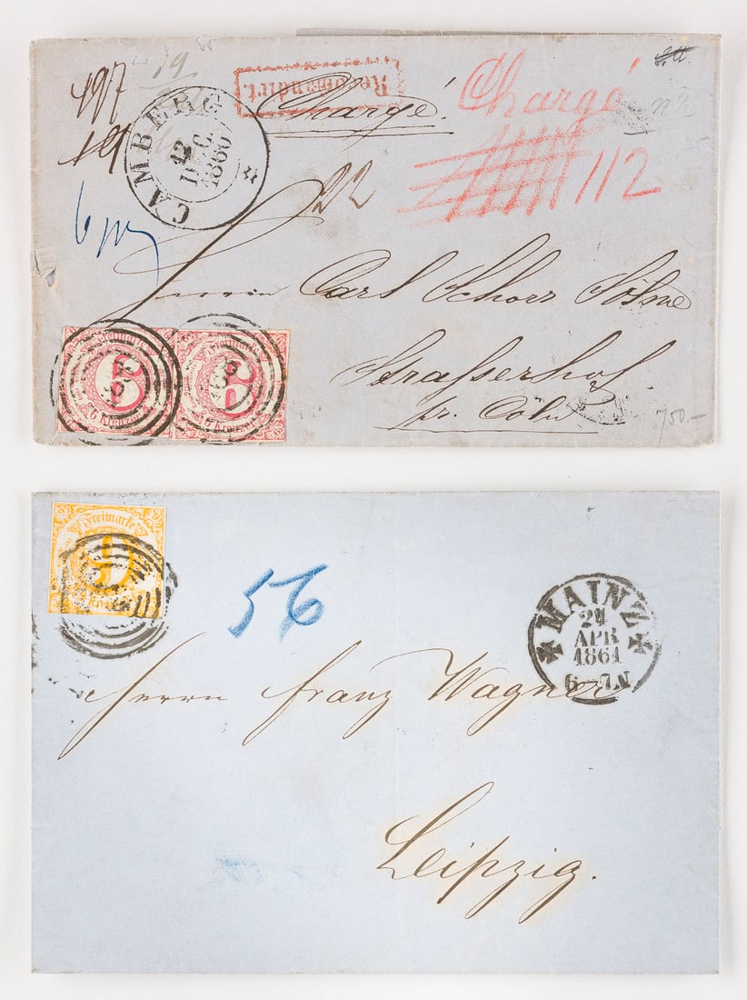 ALTDEUTSCHLAND THURN UND TAXIS: ALTDEUTSCHLAND THURN UND TAXIS Thurn und Taxis Konvolut vier diverse Inlandsbriefe: Zwei sechs Kreuzer nach Cöln nebst Zweikreisstempel 'CAMBERG 12 DEC. 1860', roter Stempel 'Recomandirt' und Vierrin