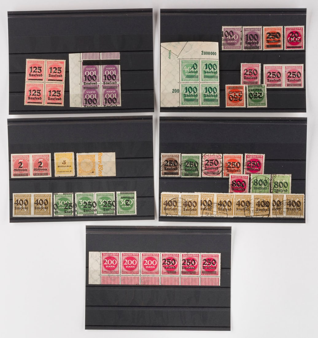 DEUTSCHES REICH: DEUTSCHES REICH Deutsche Reichspost Konvolut 53 dieverse Marken: Meist Fehldrucke, teilweise kopfstehend, Doppeldrucke etc. Provenienz: Privatsammlung eines sächsischen Großindustriellen der 1920er