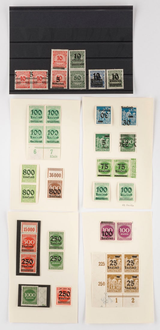 DEUTSCHES REICH: DEUTSCHES REICH Deutsche Reichspost Konvolut 35 diverse Marken: Fehldrucke, kopstehend, Doppeldrucke. Provenienz: Privatsammlung eines sächsischen Großindustriellen der 1920er Jahre.