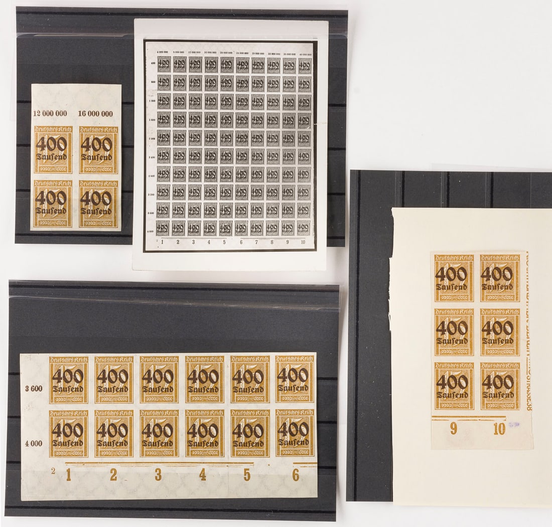 DEUTSCHES REICH: DEUTSCHES REICH Deutsche Reichspost Konvolut 20 Freimarken 400 Tausend auf 15 Pfennige; Zwölferblock, Sechserblock, Viererblock, alle ungezähnt. Viererblock verso mit Stempel der