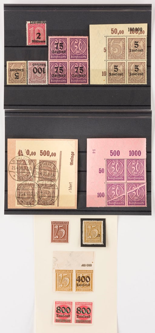 DEUTSCHES REICH: DEUTSCHES REICH Deutsche Reichspost Konvolut 25 diverse Marken: Plattenfehler, Aufdruckfehler, kopfstehende- und fehlende Aufdrucke. Selten! Provenienz: Privatsammlung eines sächsischen