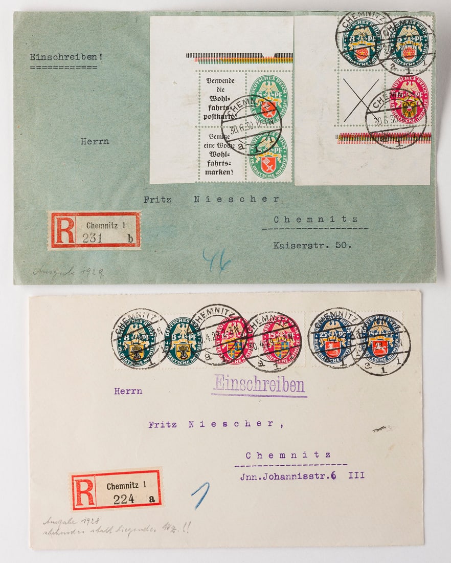 DEUTSCHES REICH: DEUTSCHES REICH Deutsche Reichspost Konvolut zwei Einschreiben-Inlandsbriefe nach Chemnitz und 8 Marken: Deutsche Nothilfe. Zwei 8 Pfennig Marken, eine 15 Pfennig Marke Zusammendruck und zwei 5 Pfenni