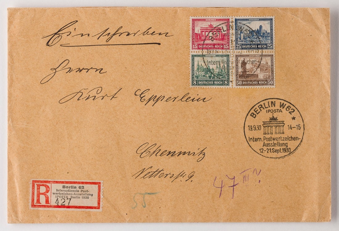 DEUTSCHES REICH: DEUTSCHES REICH Deutsche Reichspost Inlandsbrief Einschreiben 'Internationale Postwertzeichen-Austellung' nach Chemnitz: Ohne Blockrand nebst zweimal Stempel 'BERLIN W62 IPOSTA 19.9.30 14-15 Internat.