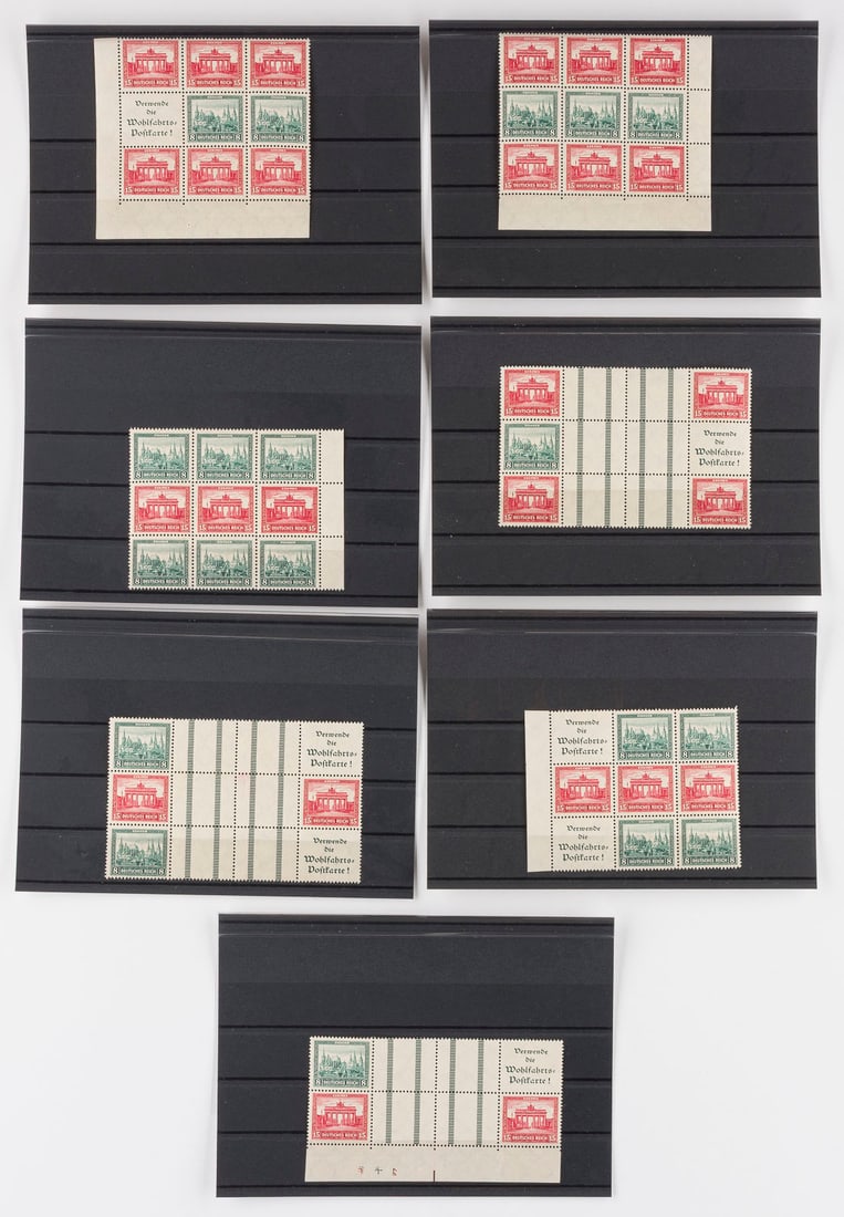 DEUTSCHES REICH: DEUTSCHES REICH Deutsche Reichspost Konvolut sieben Zusammendruck-Bogenteile: Zusammendruck-Bogenteil mit sechs Freimarken zu 15 Pfennig und zwei Freimarken zu 8 Pfennig und einem Werbefeld 'Verwende