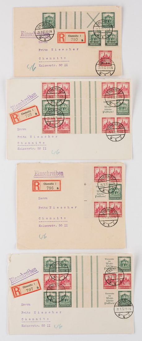 DEUTSCHES REICH: DEUTSCHES REICH Deutsche Reichspost Konvolut vier Einschreiben Inlandsbriefe nach Chemnitz: Mit bogenmäßiger Mehrfachfraktur aus Schalterbogen, Teilweise mit Zwischenstegen, Werbefeld und /oder Andr