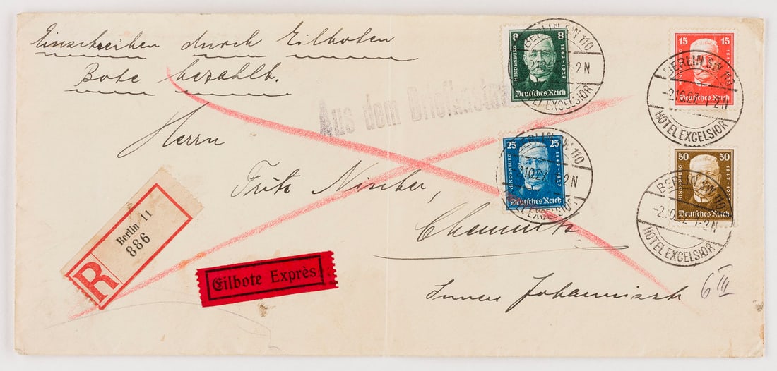 DEUTSCHES REICH: DEUTSCHES REICH Deutsche Reichspost Einschreiben Eilbote Exprès Brief nach Chemitz: 8, 15, 25 und 50 Pfennig nebst Rundstempel 'BERLIN SW 110 HOTEL EXCELSIOR 2.10.27 1-2 N' und Einschreibenzettel 'R