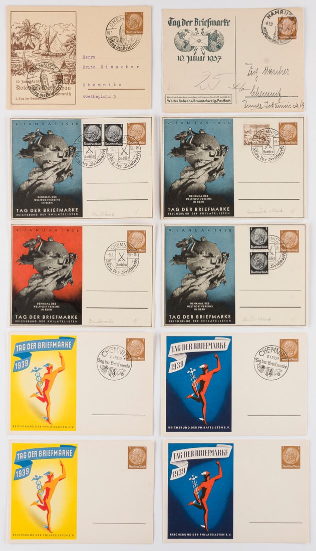 DEUTSCHES REICH: DEUTSCHES REICH Deutsche Reichspost Konvolut 10 diverse Postkarten (Drucksache) zum Tag der Briefmarke 1937 bis 1939. Provenienz: Privatsammlung eines sächsischen Großindustriellen der 1920er Jahre.