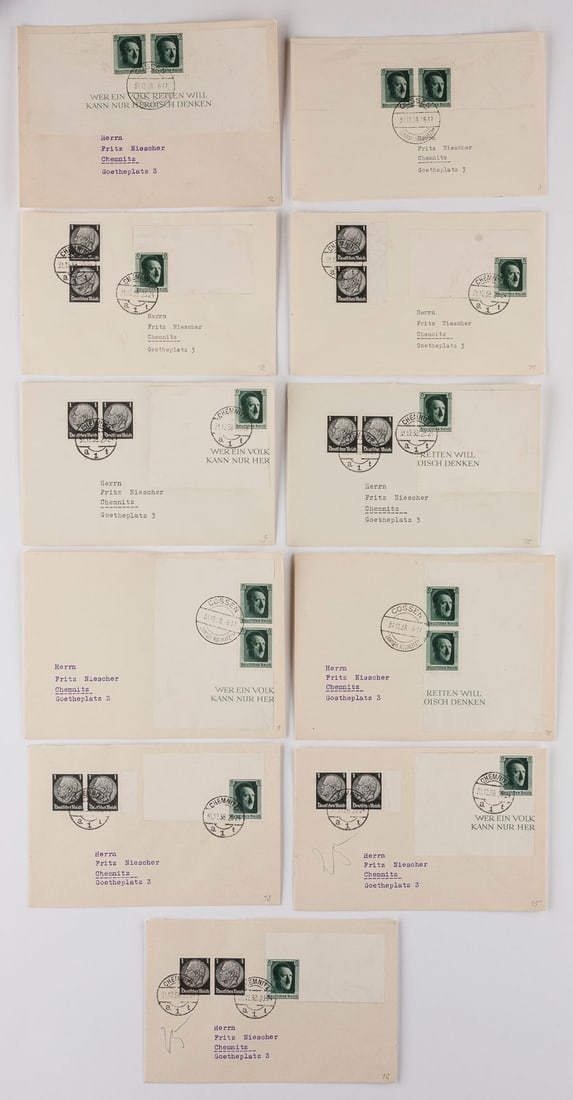 DEUTSCHES REICH: DEUTSCHES REICH Deutsche Reichspost Konvolut elf beförderte Inlandsbriefe 1938 nach Chemnitz mit Mischfrankaturen aus Teilen von Block 7 mit Einzelmarken zu 6 Pfennig 'Adolf Hitler' und Frankaturen