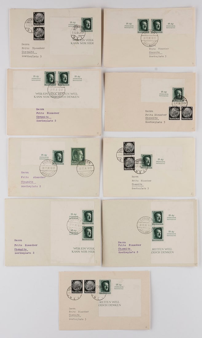 DEUTSCHES REICH: DEUTSCHES REICH Deutsche Reichspost Konvolut neun beförderte Inlandsbriefe 1938 nach Chemnitz mit Mischfrankaturen aus Teilen von Block 9 mit Einzelmarken zu 6 Pfennig 'Adolf Hitler' und Frankaturen