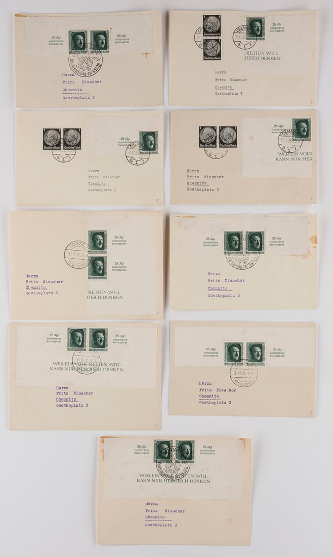 DEUTSCHES REICH: DEUTSCHES REICH Deutsche Reichspost Konvolut acht beförderte Inlandsbriefe 1938 nach Chemnitz mit Mischfrankaturen aus Teilen von Block 11 mit Einzelmarken zu 6 Pfennig 'Adolf Hitler' und
