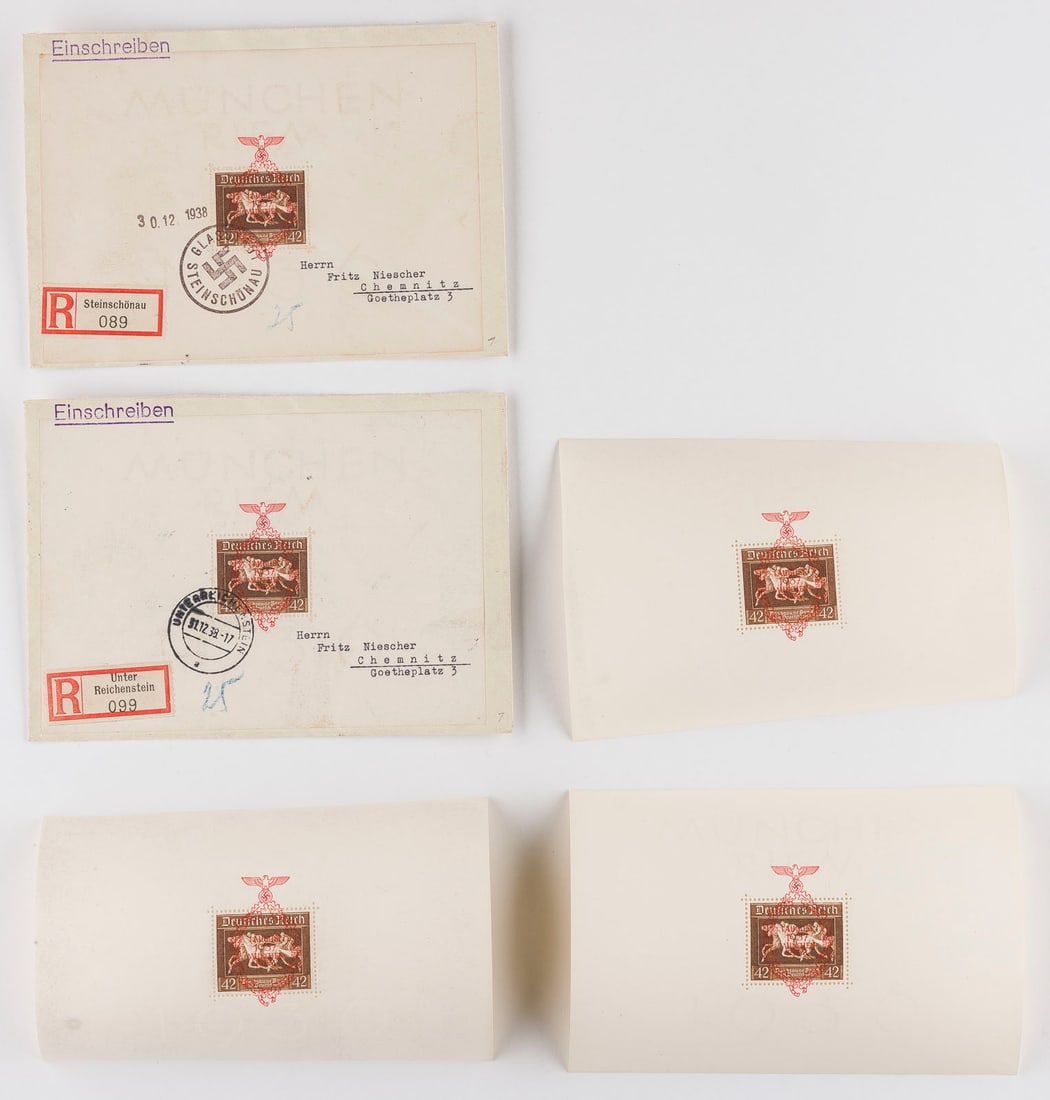 DEUTSCHES REICH: DEUTSCHES REICH Deutsche Reichspost Konvolut zwei beförderte Einschreibe-Briefe mit vollständigem Block 10: (1) Galopprennen 'Das Braune Band von Deutschland' nebst Rundtempel 'GLASSTADT STEINSCHÖN
