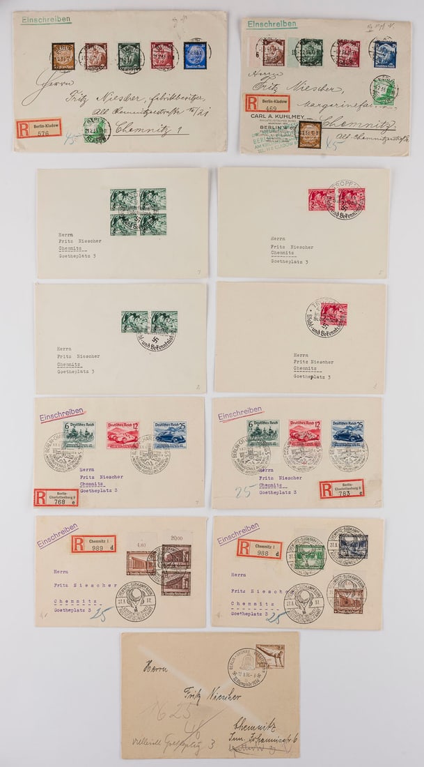 DEUTSCHES REICH: DEUTSCHES REICH Deutsche Reichspost Konvolut 8 Einschreibe-Briefe mit Mehrfachfrankaturen und 5 Inlandsbriefe nach Chemnitz: Olympia-Ausgabe; Internationaler Gemeindekongress, München; Internationale