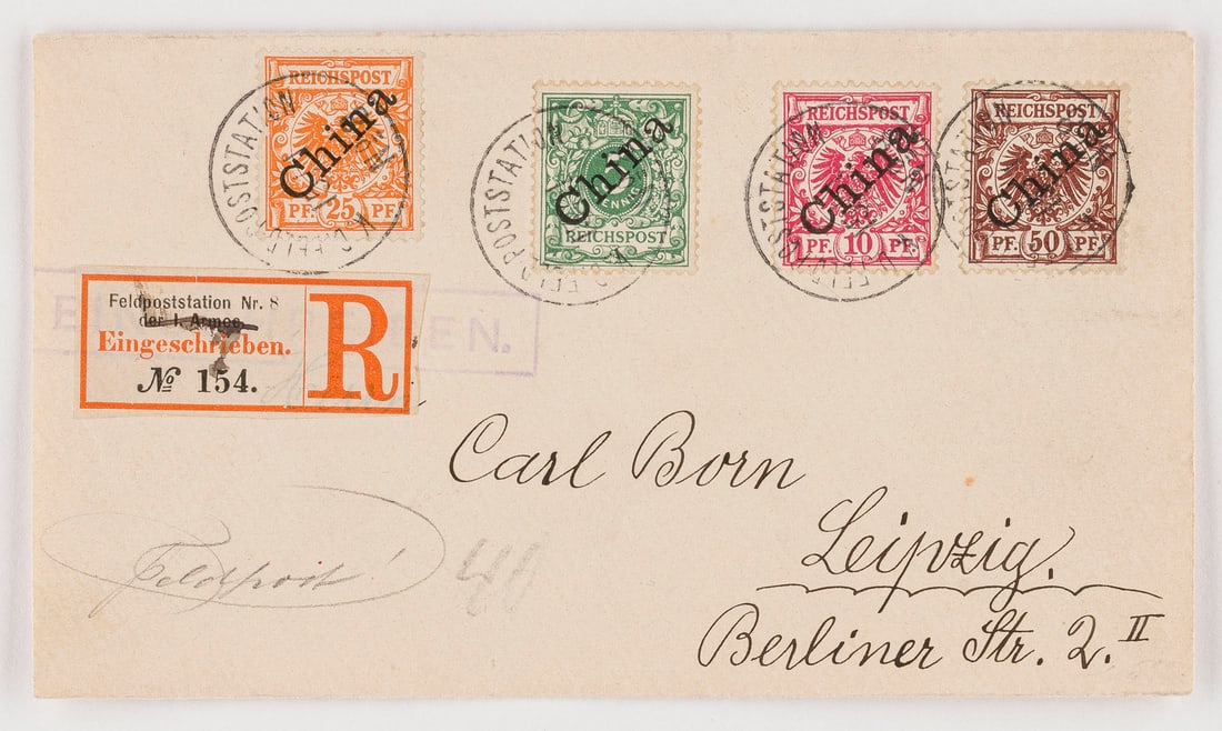DEUTSCHE AUSLANDSPOSTÄMTER: DEUTSCHE AUSLANDSPOSTÄMTER China Vollständiger und befördererter Feldpost-Einschreibebrief der kaiserlich deutschen Feldpost nach Leipzig, aufgegeben bei der Feldpoststation Nr.8, mit R-Zettel und