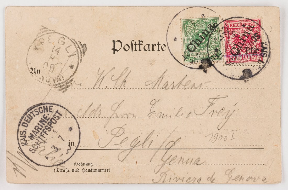 DEUTSCHE AUSLANDSPOSTÄMTER: DEUTSCHE AUSLANDSPOSTÄMTER China Provisorium. Postkarte (Prinz Heinrich in Peking Allee des Thier-Tempels) nach Pegli/Genua mit lokalem Bedarfs-Aufdruck '5 Pfg. auf 10 Pf' (Adler) und 5 Pfennig (Kron