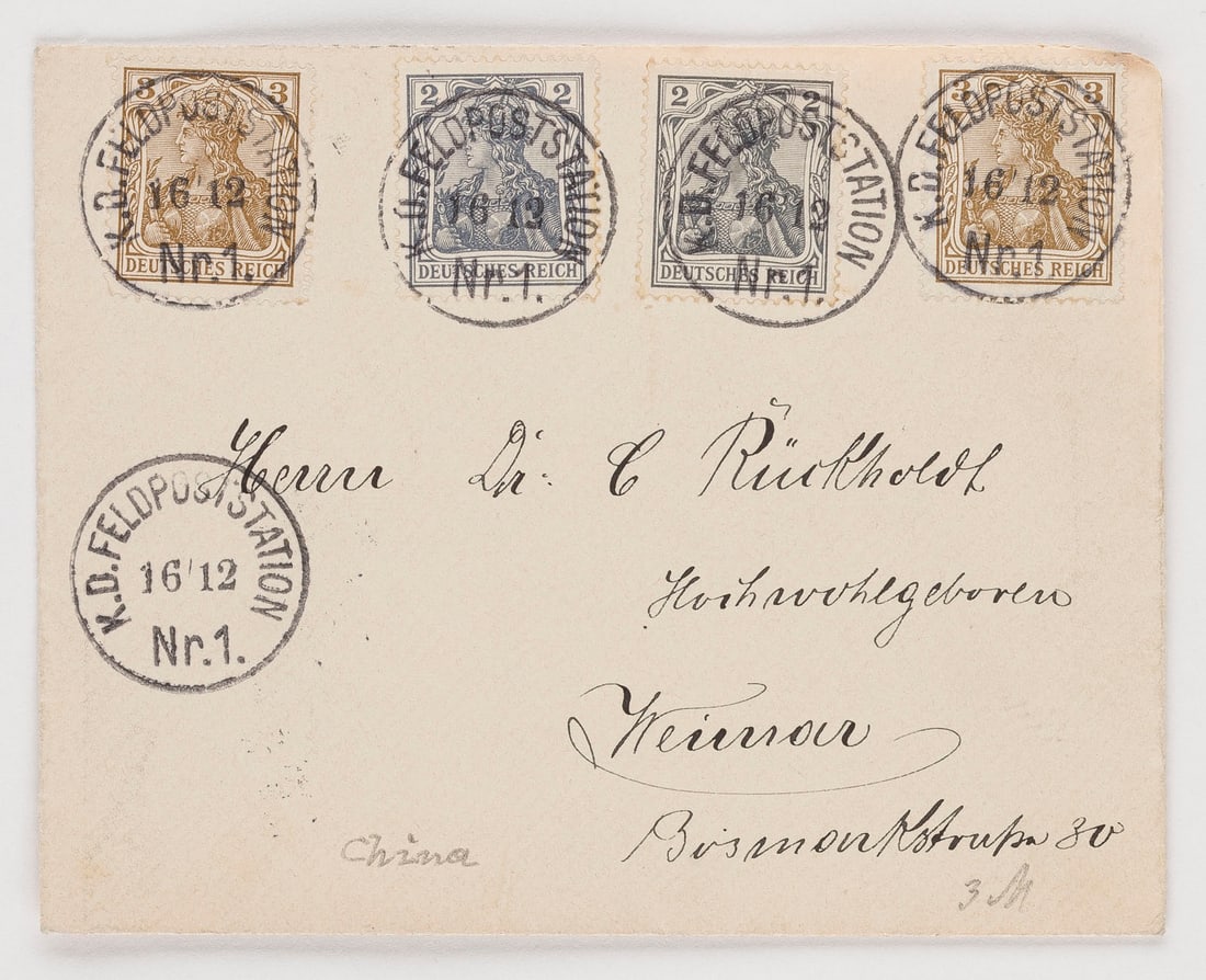 DEUTSCHE AUSLANDSPOSTÄMTER: DEUTSCHE AUSLANDSPOSTÄMTER China Kaiserlich-Deutsche-Feldpost Brief aus China aufgegeben bei der Feldpoststation Nr.1., zweimal 2 Pfennig (Germania) und zweimal 3 Pfennig (Germania). Fünfmal