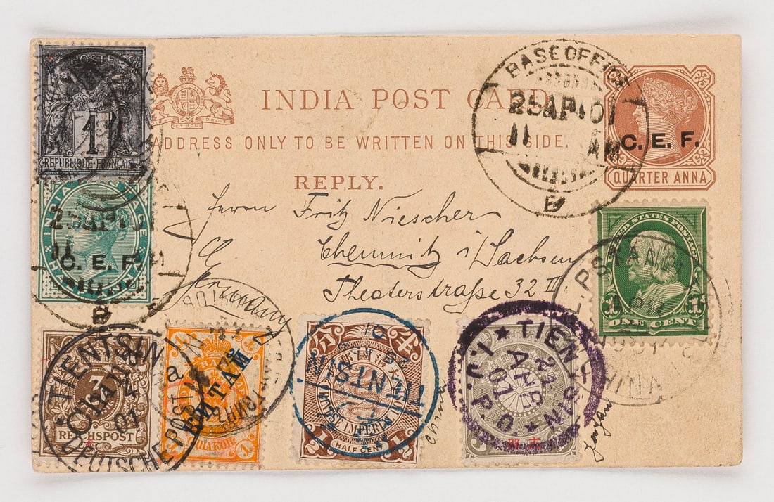 DEUTSCHE AUSLANDSPOSTÄMTER: DEUTSCHE AUSLANDSPOSTÄMTER China Mehrnationen-Postkarte / Auslandsbeleg Ostasien-Europa / Britisch-Indien / China / Deutsches Reich, 1901. Mehrfach frankierte Postkarte (''India Post Card - Reply'')