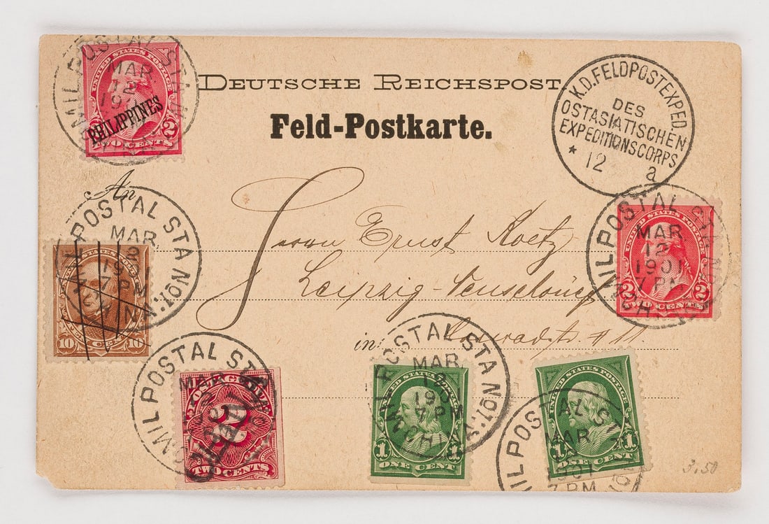DEUTSCHE AUSLANDSPOSTÄMTER: DEUTSCHE AUSLANDSPOSTÄMTER China Deutsche Reichspost - Feldpostkarte, 1900. Originale Feld-Postkarte des Ostasiatischen Expeditionskorps, mit außergewöhnlicher Mehrnationen-Mischfrankatur: