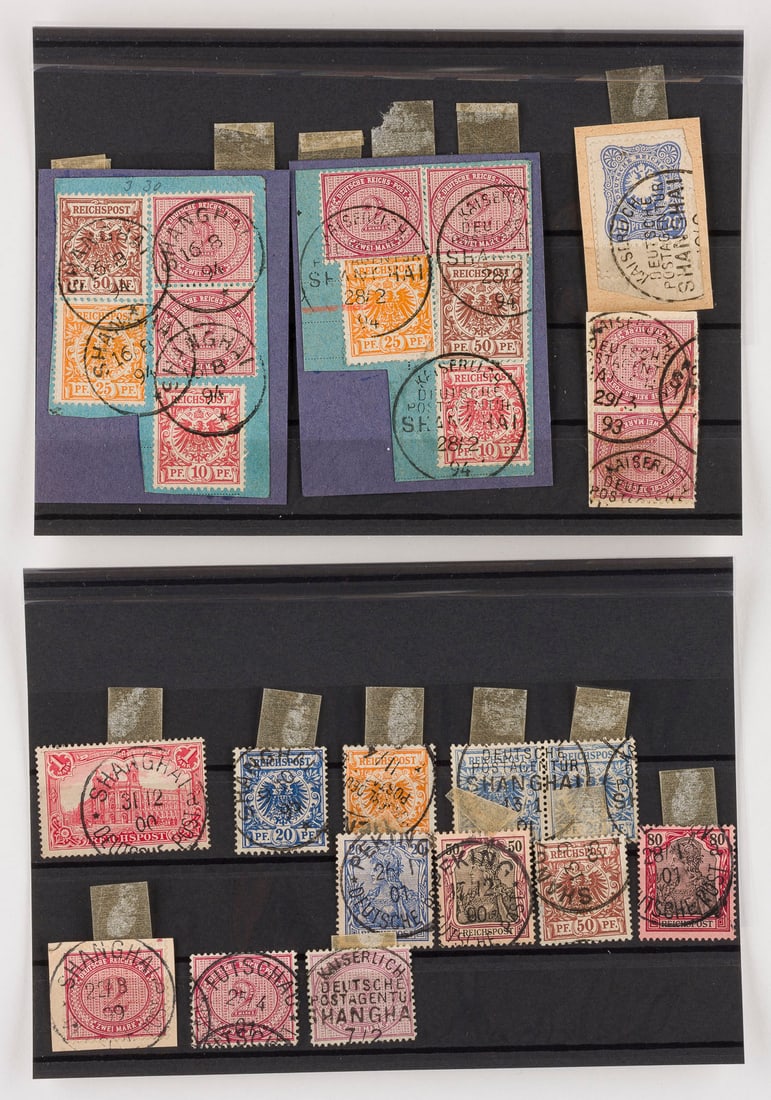 DEUTSCHE AUSLANDSPOSTÄMTER: DEUTSCHE AUSLANDSPOSTÄMTER China Konvolut Vorläufer: 25 diverse Marken, Mischfrankaturen zu je fünf Marken auf Briefausschnitt und Einzelmarken. Provenienz: Privatsammlung eines sächsischen