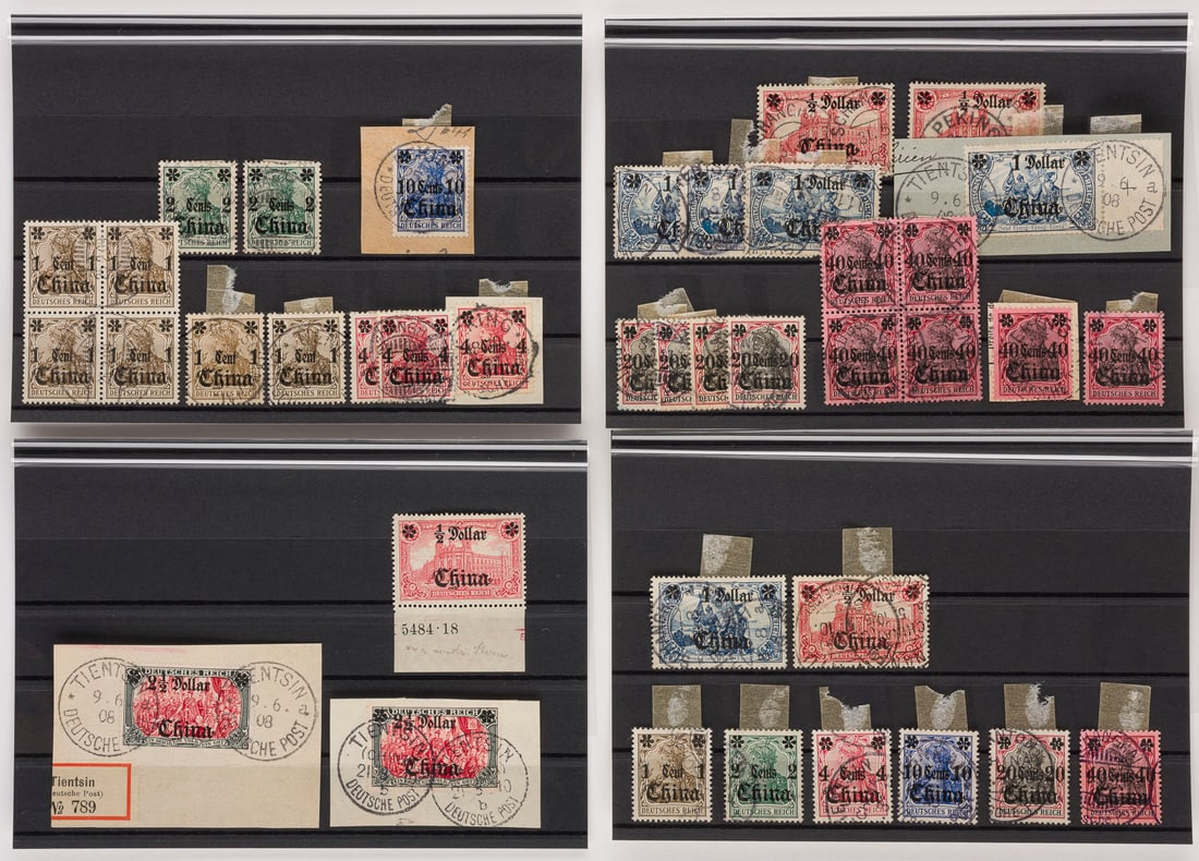 DEUTSCHE AUSLANDSPOSTÄMTER: DEUTSCHE AUSLANDSPOSTÄMTER China Konvolut 56 Marken des Deutschen Reiches (Germania und Repräsentative Darstellungen) mit schwarzem bzw. kaminrotem Über- bzw. Aufdruck. Provenienz: Privatsammlung