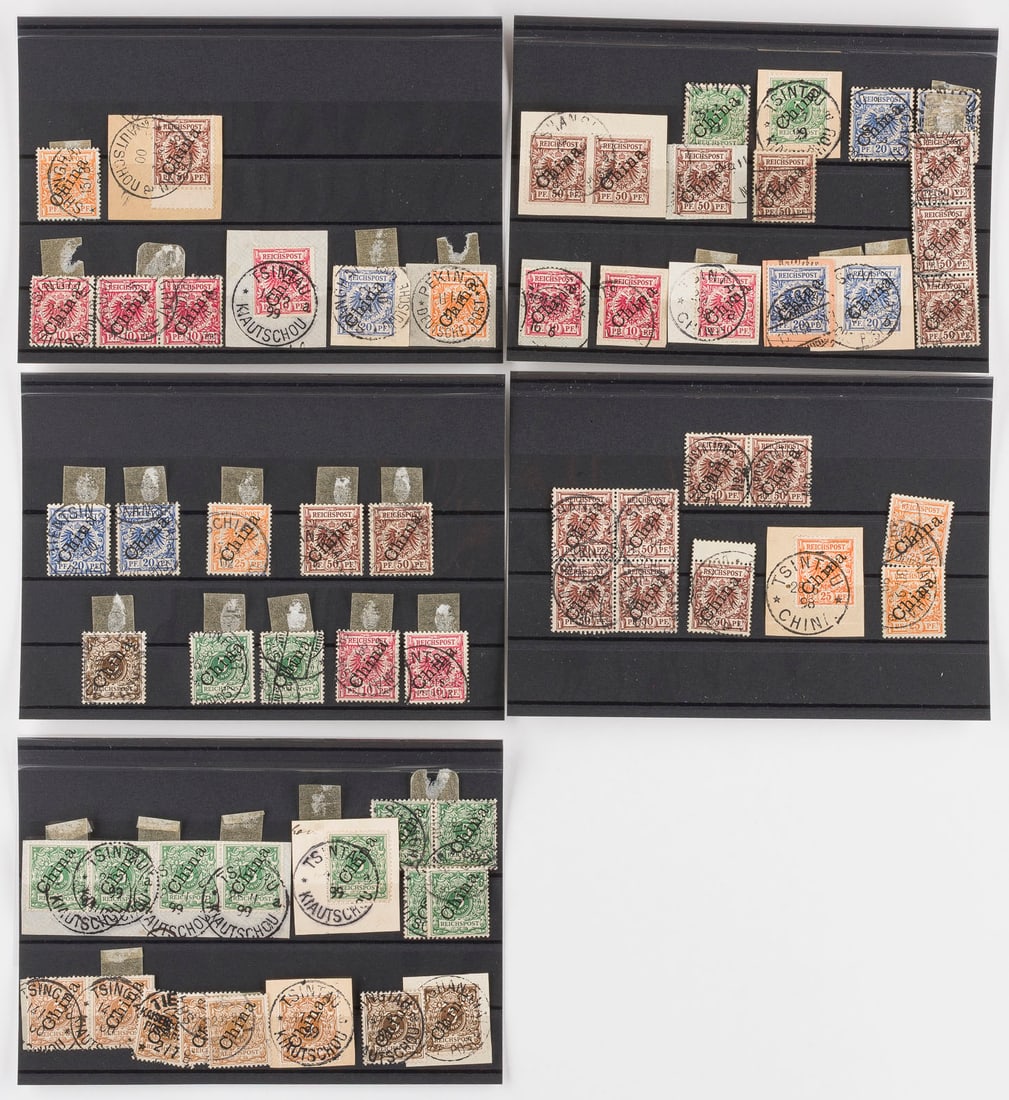 DEUTSCHE AUSLANDSPOSTÄMTER: DEUTSCHE AUSLANDSPOSTÄMTER China Konvolut 61 diverse Marken des Deutschen Reiches 'Krone und Adler' mit schwarzem diagonalem Aufdruck bzw. steilem Aufdruck 'China'. Meist Rundstempel 'PEKING