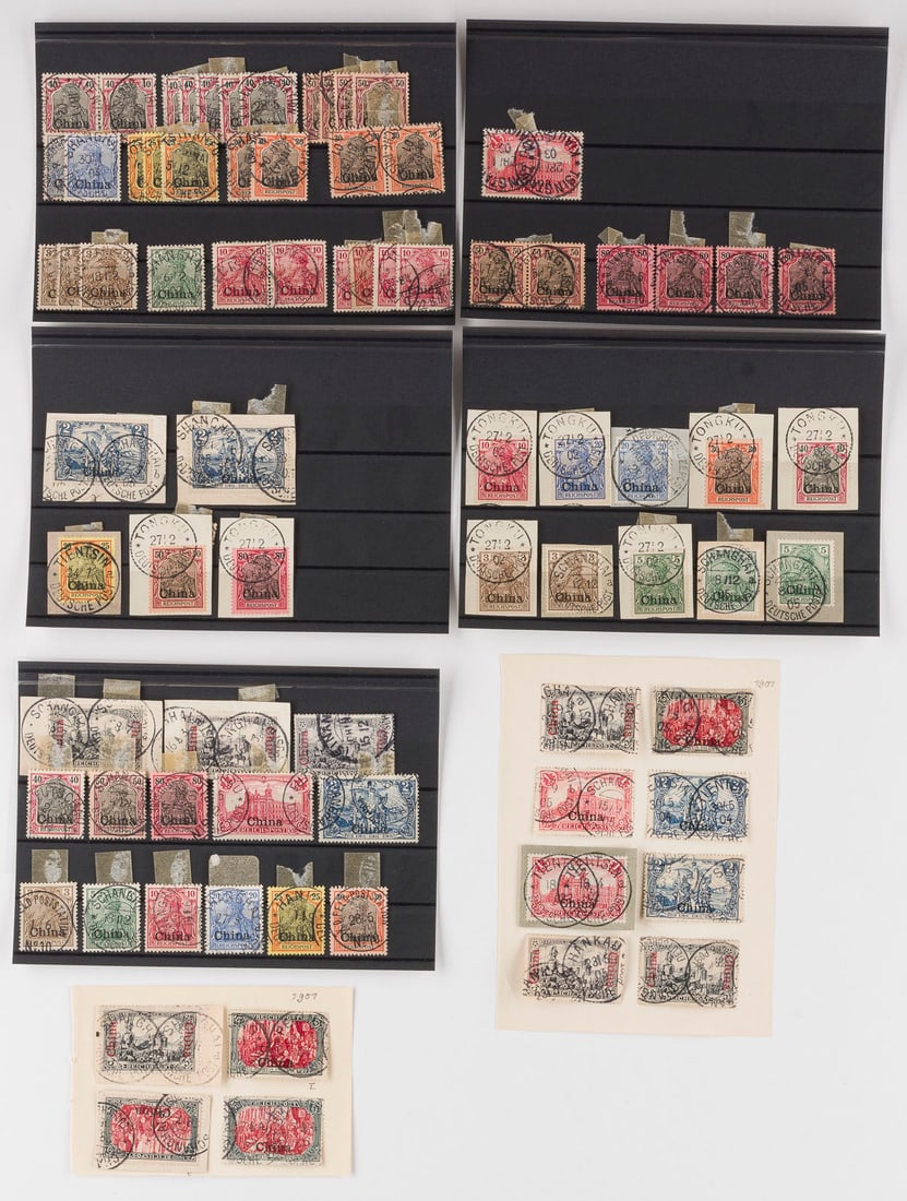 DEUTSCHE AUSLANDSPOSTÄMTER: DEUTSCHE AUSLANDSPOSTÄMTER China Konvolut 78 Marken des Deutschen Reiches (Germania und Repräsentative Darstellungen) mit horizontalem, schwarzen Stempel 'China' bzw. vertikalem kaminroten Stempel