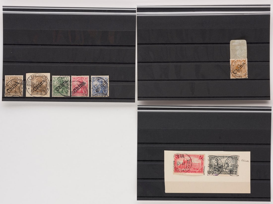 DEUTSCHE AUSLANDSPOSTÄMTER: DEUTSCHE AUSLANDSPOSTÄMTER China (1) 3 Pfennig-Marke des Deutschen Reiches (Krone) mit schwarzem diagonalem Auftrug 'China'. Rundstempel 'PEKING 20/5 01 DEUTSCHE POS..)' (2) 5 Marken des Deutschen