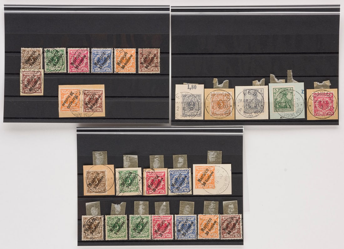 DEUTSCHE AUSLANDSPOSTÄMTER: DEUTSCHE AUSLANDSPOSTÄMTER Marokko Konvolut 26 Marken des Deutschen Reiches: (1) Krone: 2 Pfennig nebst Rundstempel 'SAFFI 2 8 00' und 3 Pfennig nebst Rundstempel 'CASABLANCA DEUTSCHE POST 1 3 00'