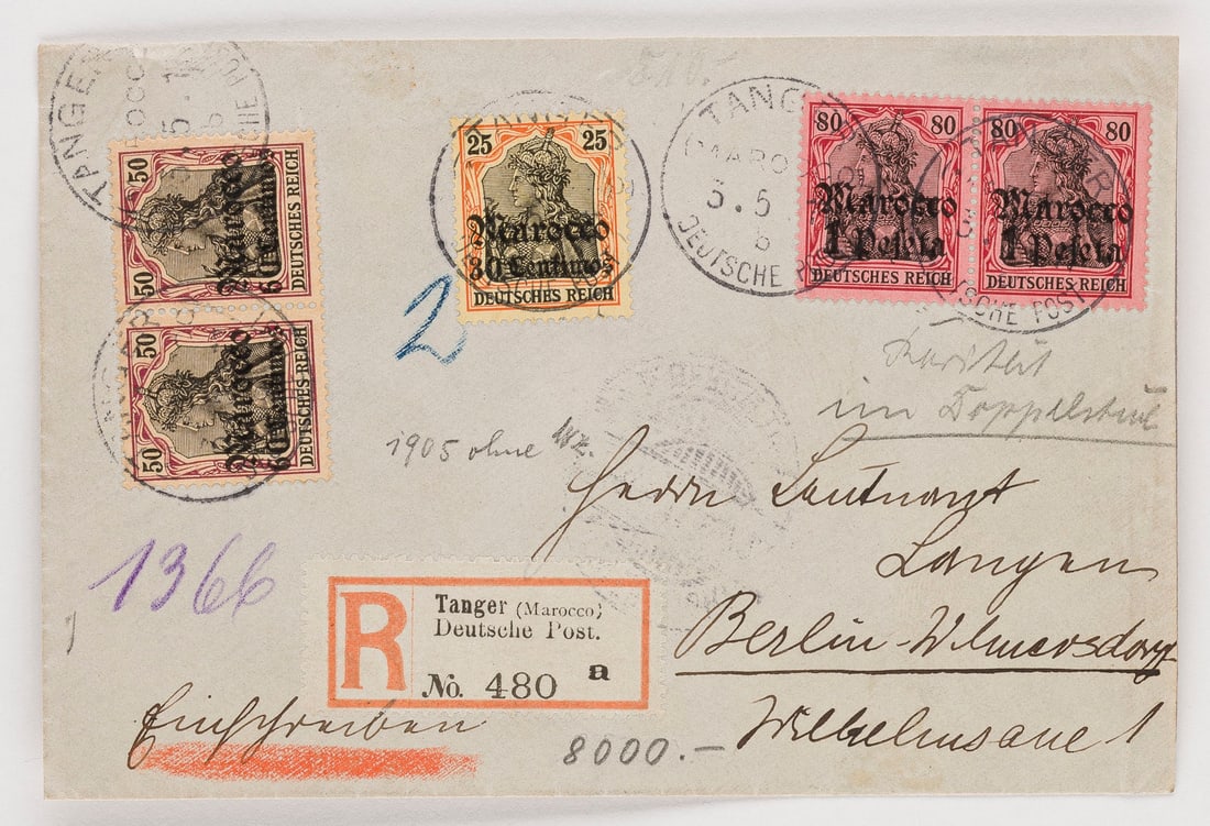 DEUTSCHE AUSLANDSPOSTÄMTER: DEUTSCHE AUSLANDSPOSTÄMTER Marokko Einschreibebrief der Deutschen Post in Marokko, Aufgabe Tanger, adressiert nach Berlin-Wilmersdorf, befördert 1911. Frankiert mit Mehrfach- und Mischfrankatur aus