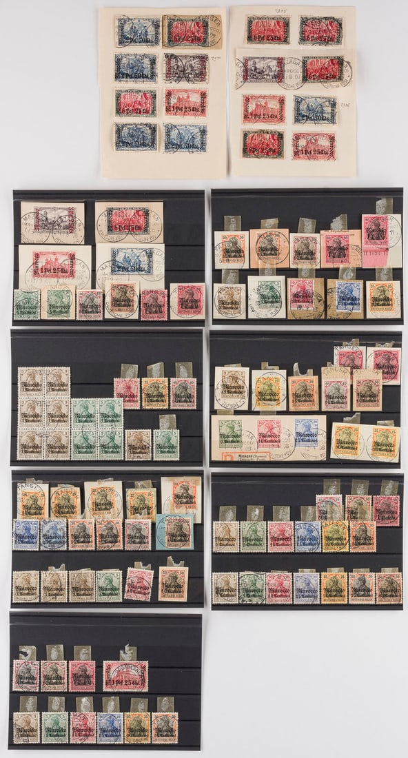 DEUTSCHE AUSLANDSPOSTÄMTER: DEUTSCHE AUSLANDSPOSTÄMTER Marokko Konvolut 106 Marken des Deutschen Reiches (Germania) und Repräsentative Darstellungen mit horizontalem schwarzen bzw. senkrechtem roten Aufdruck 'Marocco' und