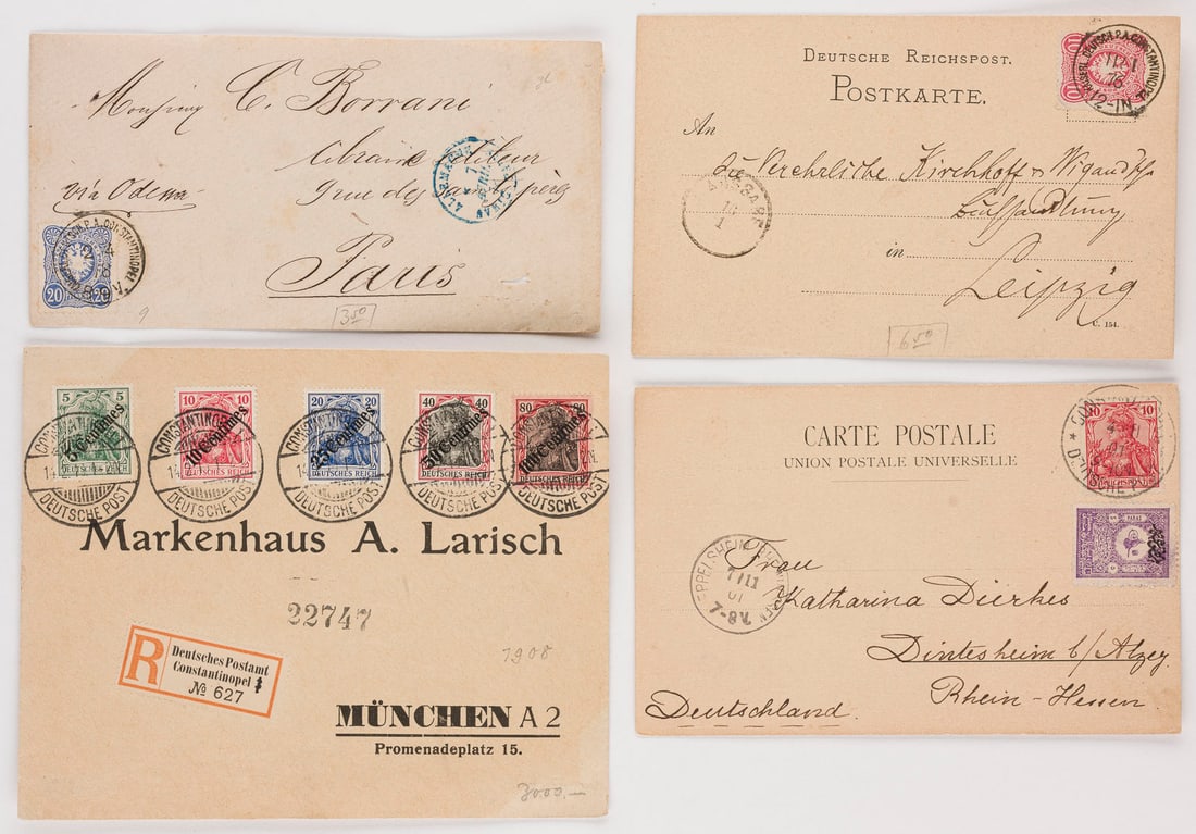 DEUTSCHE AUSLANDSPOSTÄMTER: DEUTSCHE AUSLANDSPOSTÄMTER Türkei Konvolut zwei Briefe und zwei Postkarten: (1) Mehrnationenbeleg: Postkarte mit Mischfrankatur Osmanisches Reich 5 Paras + Deutsches Reich 10 Pf, Aufgabe