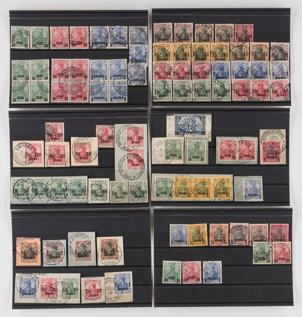 DEUTSCHE AUSLANDSPOSTÄMTER: DEUTSCHE AUSLANDSPOSTÄMTER Türkei Konvolut 93 Marken des Deutschen Reiches (Germania), teilweise Mehrfachfrankaturen auf Briefausschnitt, schwarzer Überdruck 'PIASTER' bzw. 'PARA' mit jeweiliger
