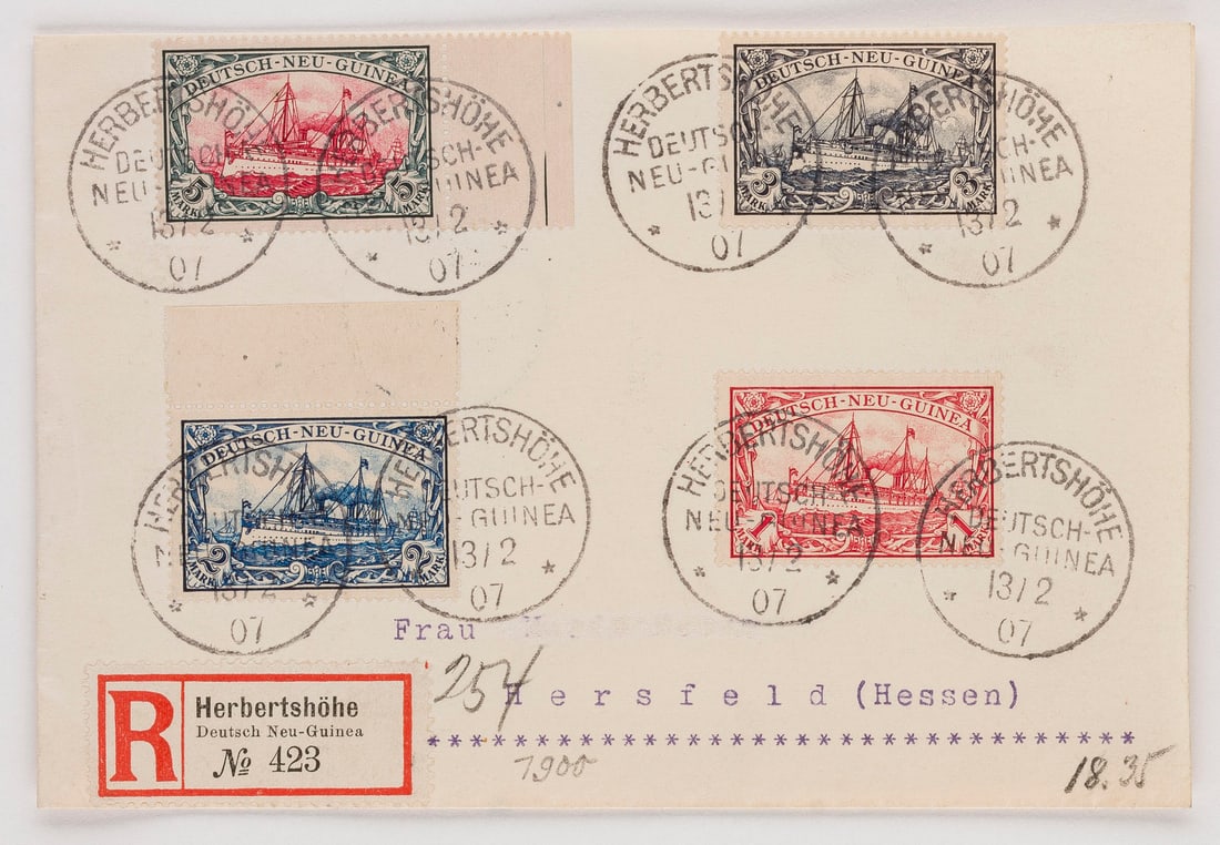 DEUTSCHE KOLONIEN: DEUTSCHE KOLONIEN Deutsch-Neuguinea Einschreibebrief aus Herbertshöhe, Deutsch-Neuguinea, nach Hersfeld (Hessen), gelaufen 13/2 1907. Frankatur: Mischfrankatur aus 4 Marken der Kaiseryachtausgabe ''D